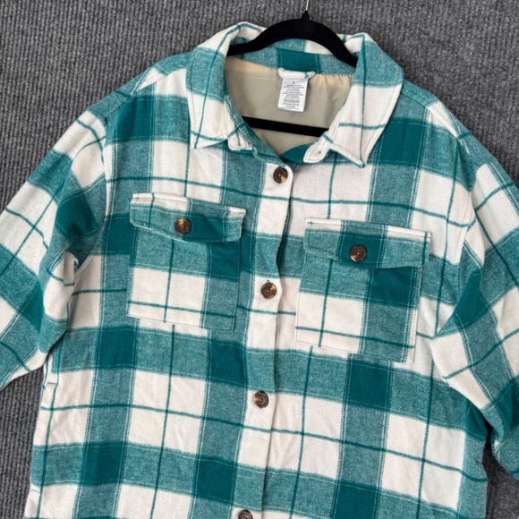 Serra Tops - Women L Plaid Flannel Shacket Green White Oversized Button Up Grunge Cottagecore